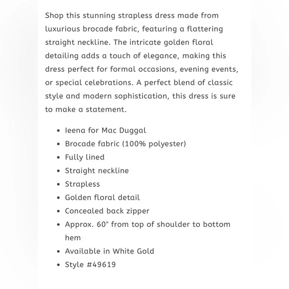 NWT IEENA FOR MAC DUGGAL SZ 10 WHITE/GOLD STRAPLESS BROCADE FLORAL DRESS #49619 - Picture 8 of 9